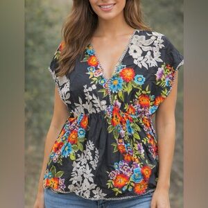 JOHNNY WAS  V Neck Peplum Baby Doll Floral Boho Top Small